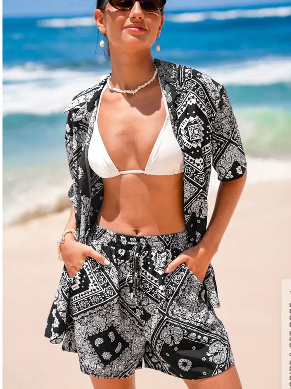Cupshe Black & White Bandana Paisley Print Shirt & Shorts Set Size M NWT
